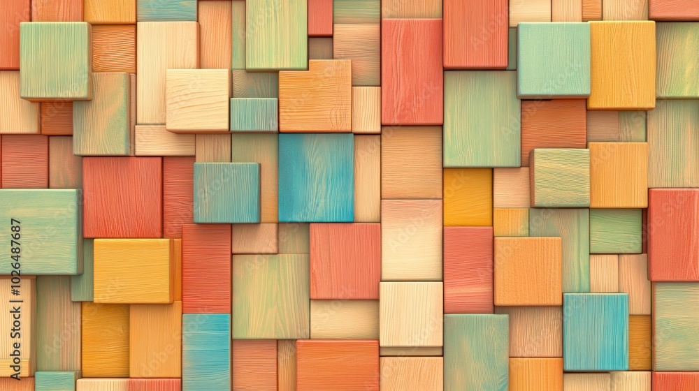 Poster a colorful arrangement of wooden blocks creating a textured wall pattern.