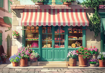 Drawing of a bakery shop window with cakes and pies with a green awning and a floral display at the entrance