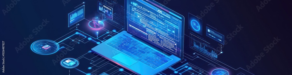 Aufkleber digital illustration of a laptop with coding and technology-themed graphics.