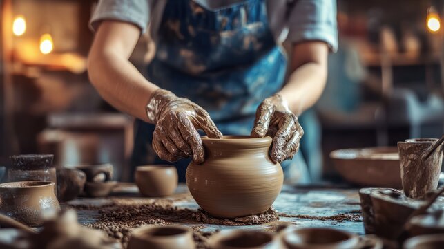 Generative AI realistic. photo in pottery workshop artist shop owner working with clay hobby