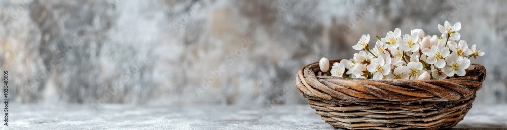 Sticker A woven basket filled with delicate white flowers against a textured background.