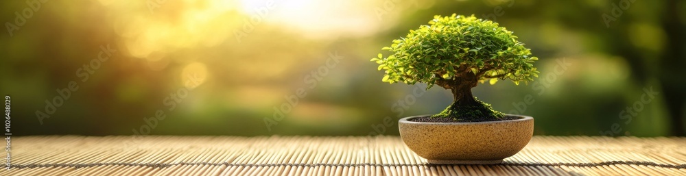 Sticker A small bonsai tree in a pot, illuminated by soft sunlight, on a bamboo mat.