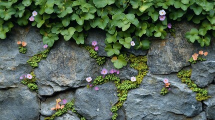 Stone Wall Covered in Green Vines and Delicate Flowers