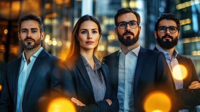 Group of business experts with digital overlays