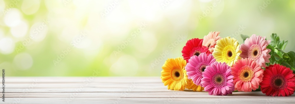 Sticker A vibrant bouquet of flowers on a wooden table with a soft, blurred background.