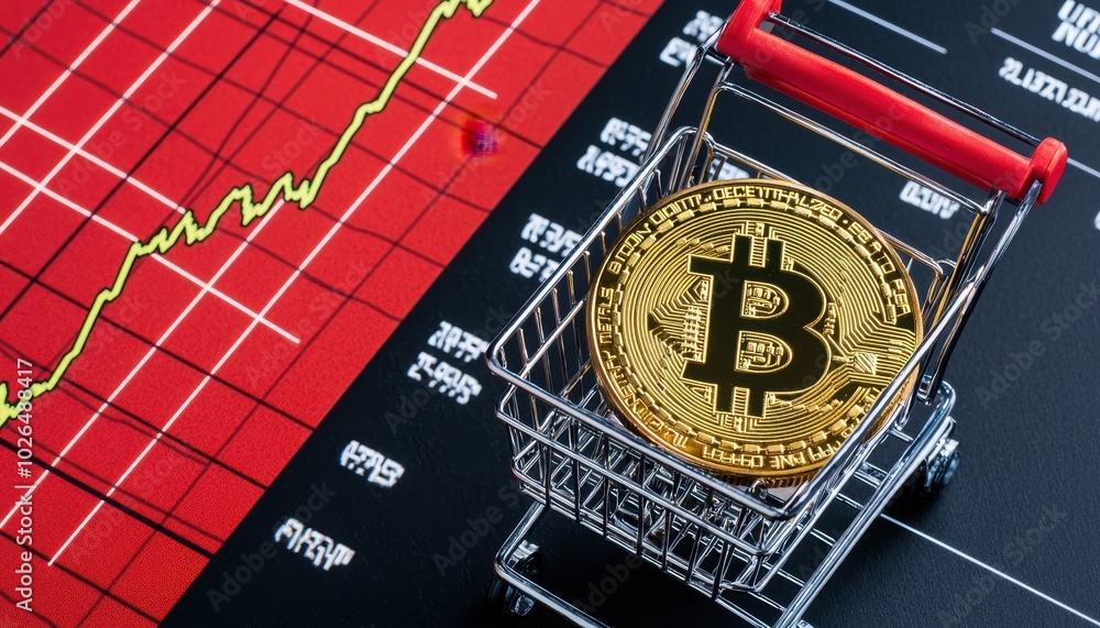 Aufkleber bitcoin in shopping cart with stock chart