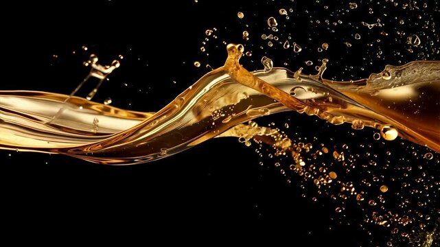 Cooking Oil Splash Clear cooking oil forming intricate splash patterns as it falls, isolated on a dark background