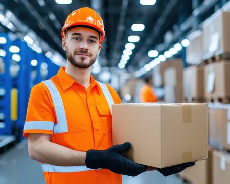 Warehouse worker carrying a cardboard box.