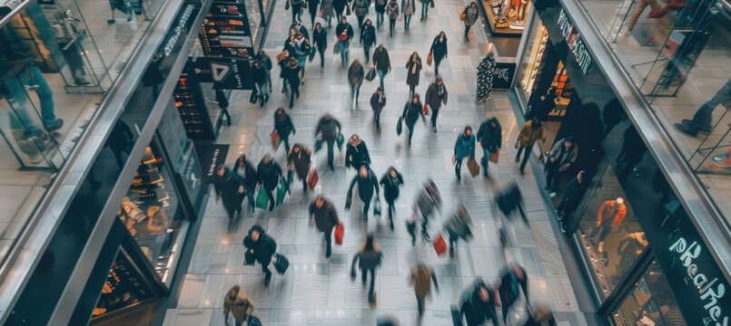 Dynamic Overhead View of a Vibrant Shopping Mall During Black Friday Sales Blitz