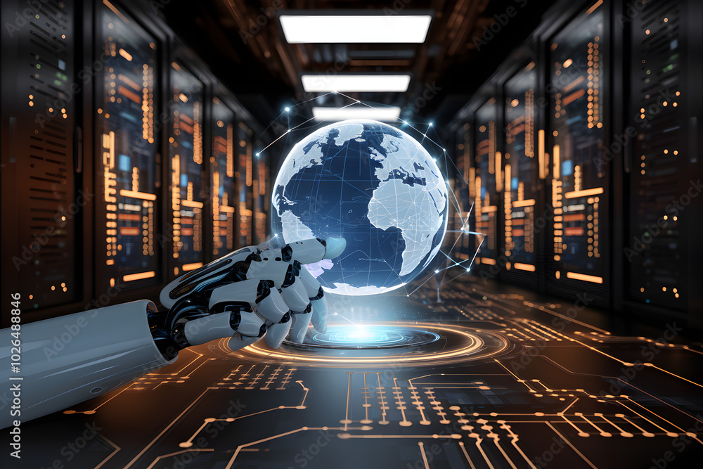 Poster global network control: a robotic hand interacts with a holographic earth within a futuristic server