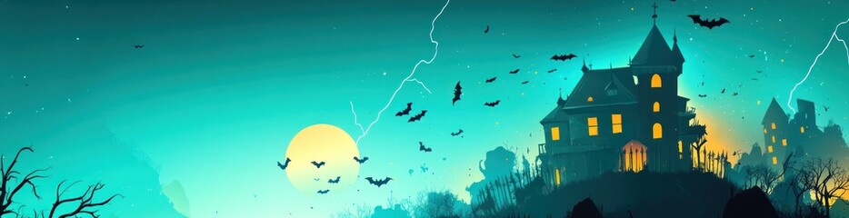 A spooky landscape featuring a haunted house, bats, lightning, and a full moon.