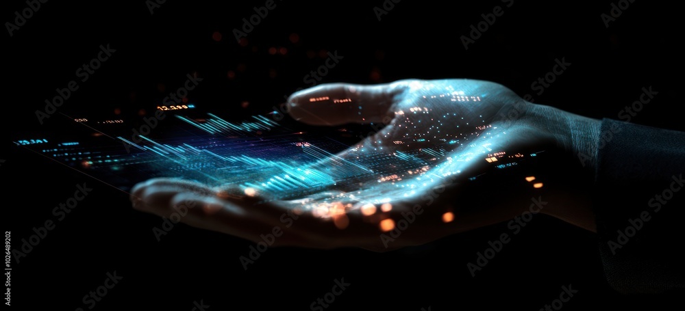 Poster a hand holding a holographic display of data and graphs, symbolizing technology and innovation.