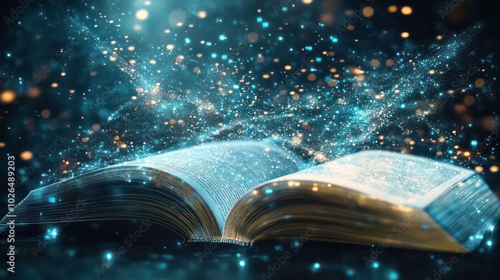 Poster an open book with magical blue light and particles emanating from its pages against a dark backgroun
