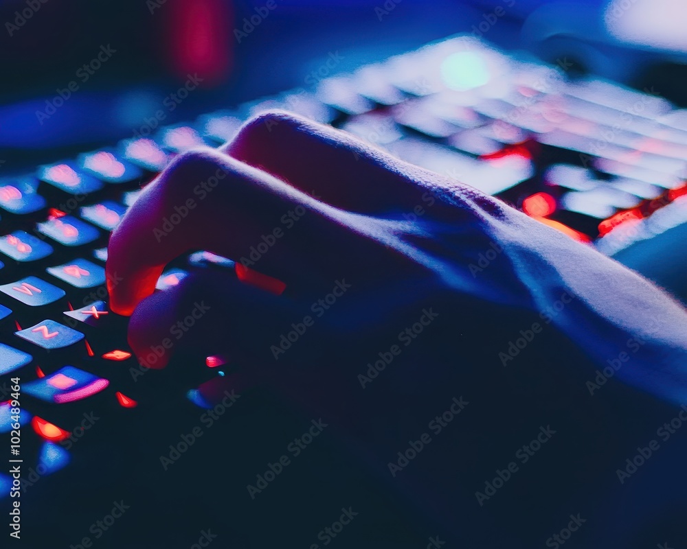 Aufkleber hand typing on a backlit keyboard
