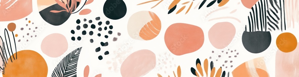 Poster abstract pattern featuring colorful shapes and botanical elements for decorative use.
