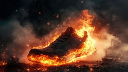 A single athletic shoe engulfed in flames with smoke and embers rising from it.