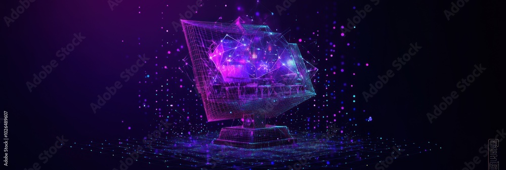 Poster a futuristic holographic display with vibrant particles and a grid structure.
