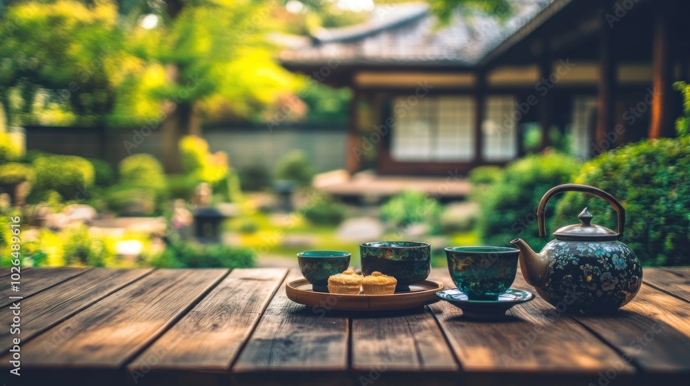 Wall mural A serene tea setting with cups, a teapot, and a garden view, inviting relaxation.