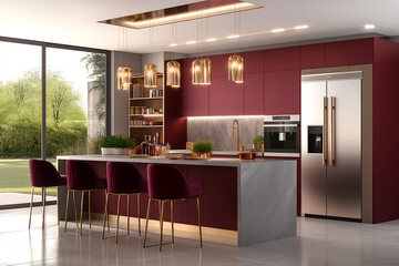 Modern kitchen featuring a sophisticated color palette of burgundy 