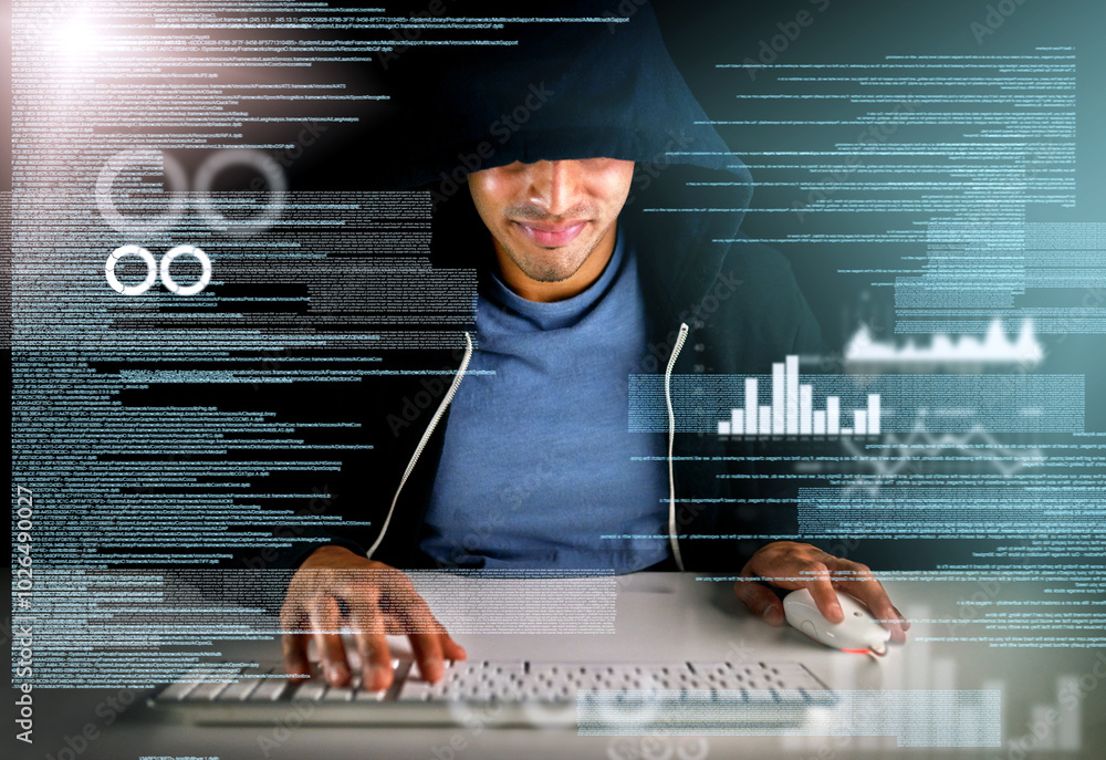 Poster Man, hacker and malware hologram with smile from virus installation for firewall bypass and hub. Database, overlay and dashboard with analytics and programming and cyber security crime on software