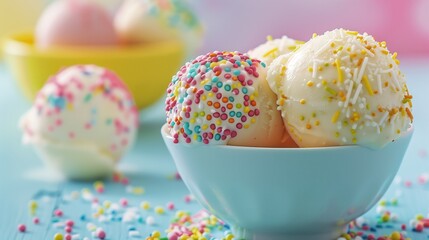 Fototapeta premium Colorful Ice Cream Scoops: A Bowl of Vanilla with Sprinkles.