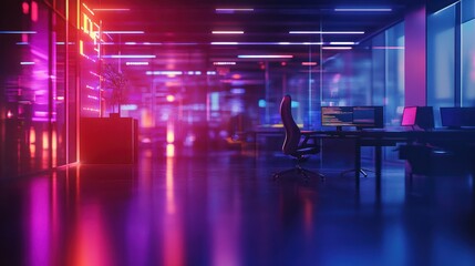 Modern neon cyberpunk open space office interior blurred with information technology overlay. Corporate strategy for finance, operations, marketing