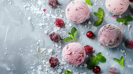 Delicious Strawberry Ice Cream: Scoops with Fresh Raspberries and Mint.