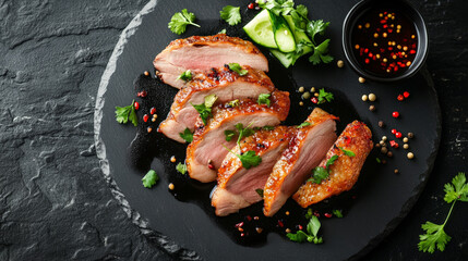 Sliced duck with vegetables on a black plate and background, top view. Chinese holiday food concept.