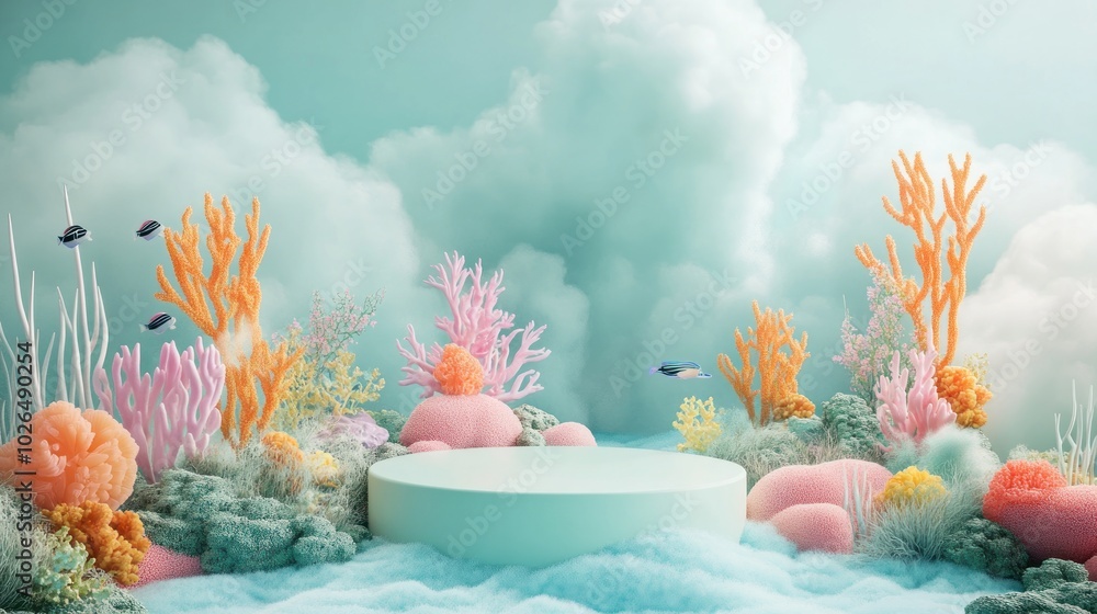 Poster a vibrant underwater scene with colorful corals and a circular platform for display.