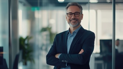 Fototapeta premium Mature businessman smiling confidently in office environment