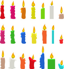 Vector candles isolated on white background. Candles of various forms and colors with burning fire
