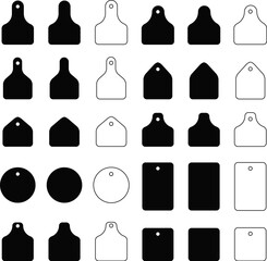 Vector cow ear tags isolated on white background. Identification labels for cattle, farm animals, livestock. Set of earmark mockups for livestock 