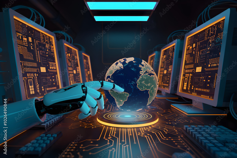 Poster global network control: a robotic hand interacts with a holographic earth, showcasing advanced techn