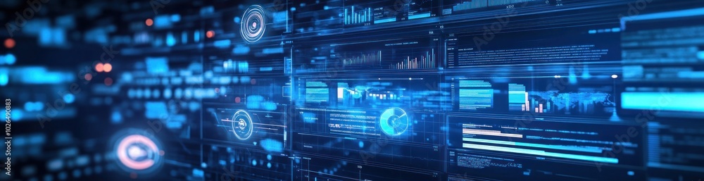 Aufkleber futuristic digital interface with data visualizations and analytics elements.