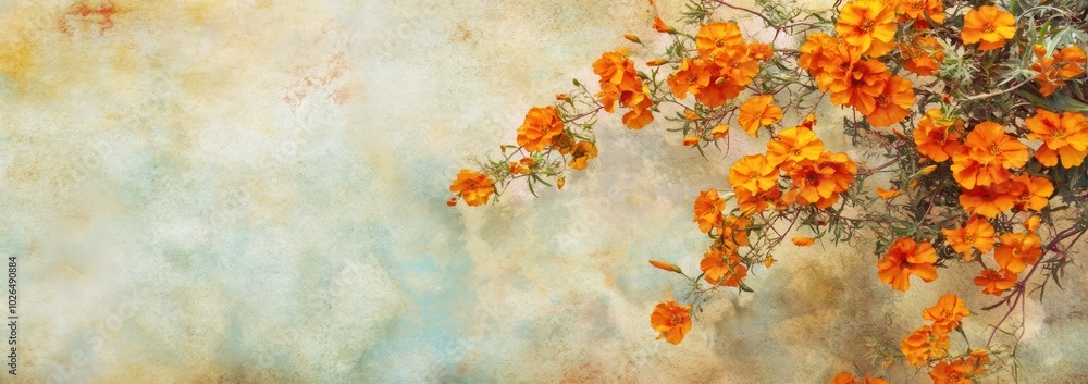 Poster A serene background featuring vibrant orange flowers against a textured pastel backdrop.