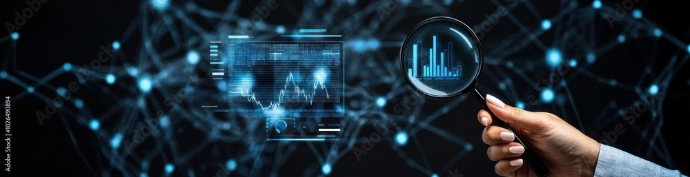 Poster A hand holding a magnifying glass over digital data visualizations and connections.