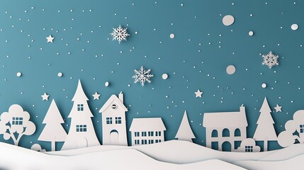 A whimsical winter landscape in paper cut-out style, featuring houses, trees, and snowflakes against a blue background.