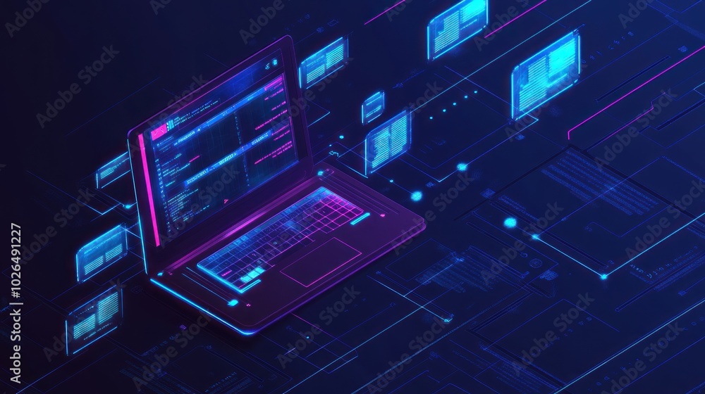 Aufkleber a digital illustration of a laptop with code and data visualizations.