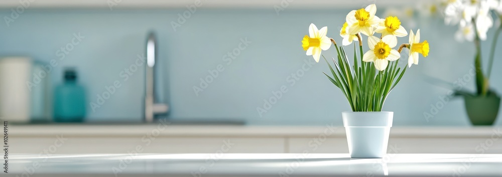 Canvas Prints A bright kitchen scene featuring a potted daffodil plant on a countertop.