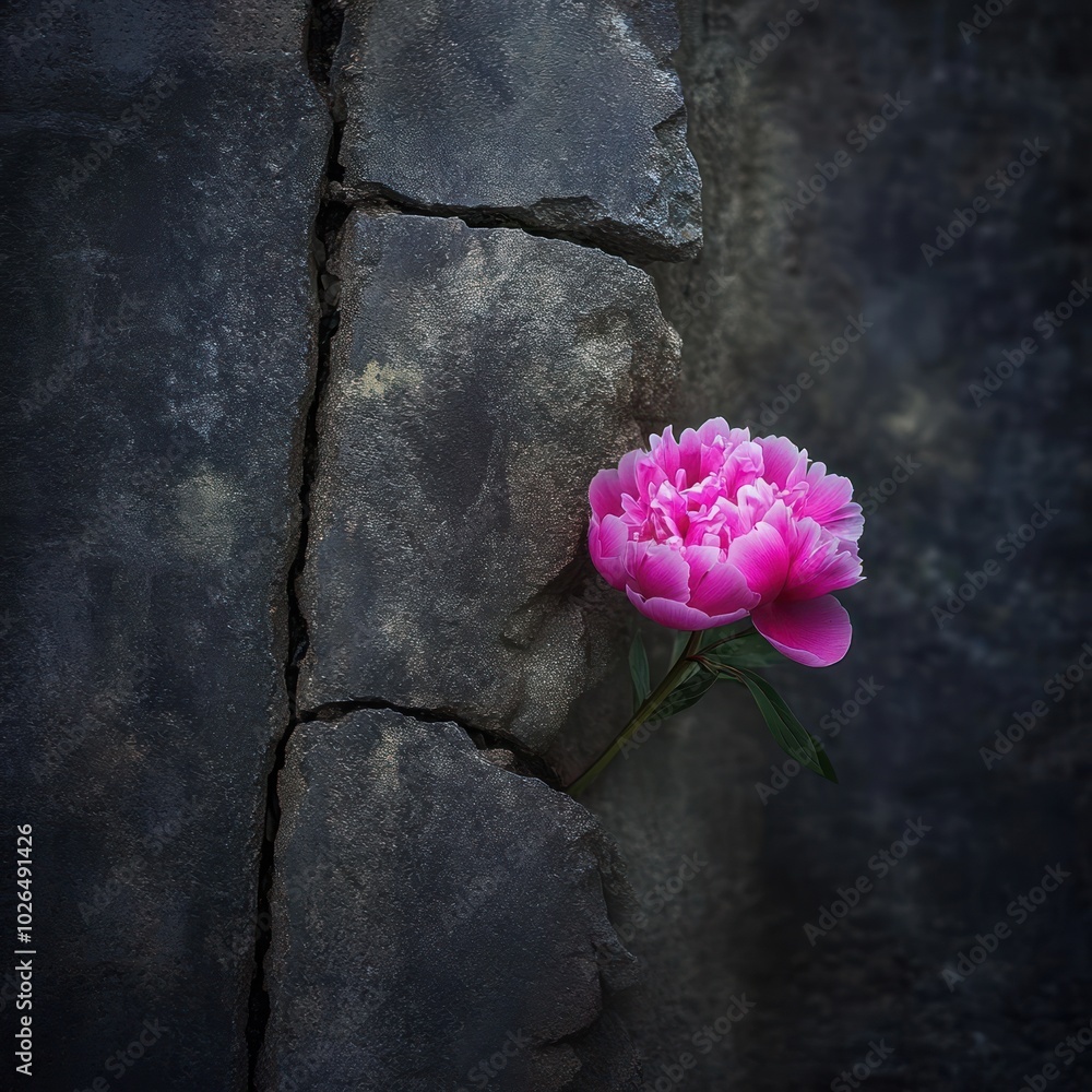 Sticker A vibrant pink flower blooms from a crack in a stone wall, symbolizing resilience and beauty.