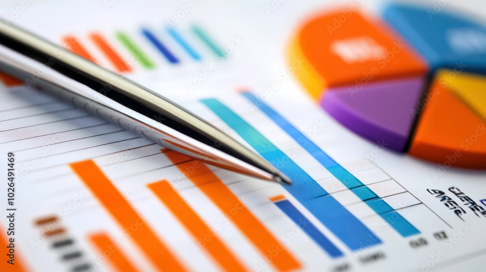 Poster a silver pen rests on a graph with colorful bar and pie charts, representing data and analysis.