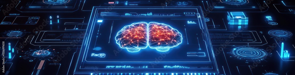 Poster a digital representation of a brain with glowing neural connections and futuristic interface element