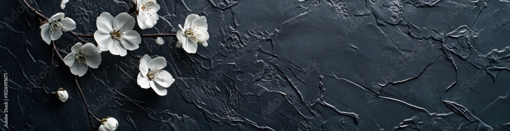 Canvas Prints A minimalist composition featuring delicate white flowers on a textured dark background.