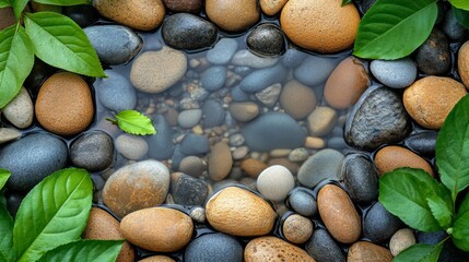 Smooth River Stones Surrounded by Lush Green Leaves