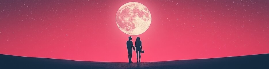 Obraz premium A couple holding hands under a large moon in a vibrant, starry sky.