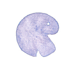 R letter. Abstract circular watercolor texture in pastel purple with rough edges and eye-shaped...