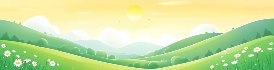 Fototapeta premium A serene landscape featuring rolling hills, flowers, and a bright sun in a pastel sky.