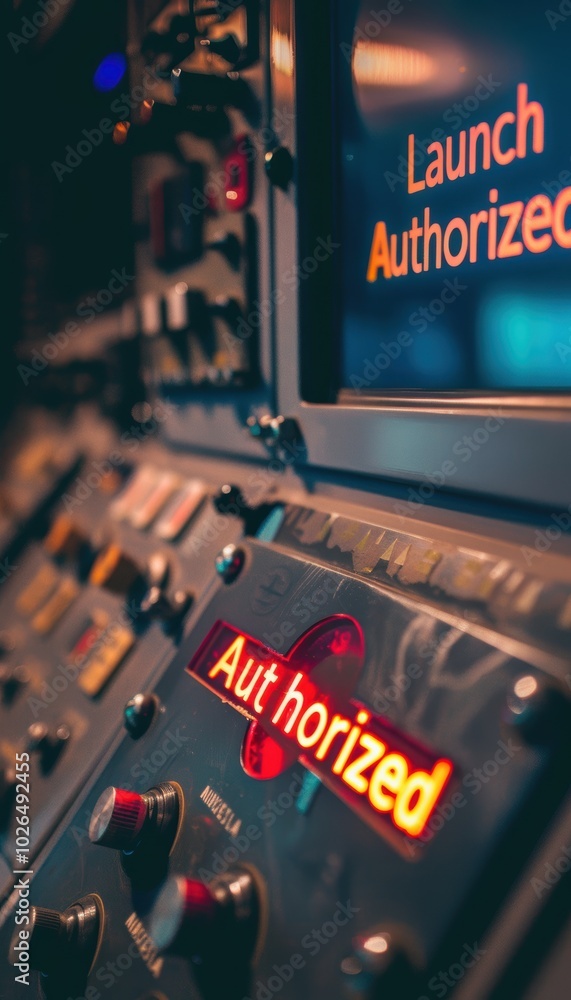 Poster nuclear missile launch panel in control room with authorization display screen
