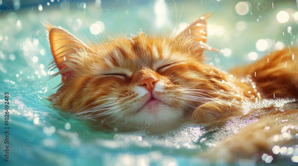 Poster relaxing cat in water with sparkling background