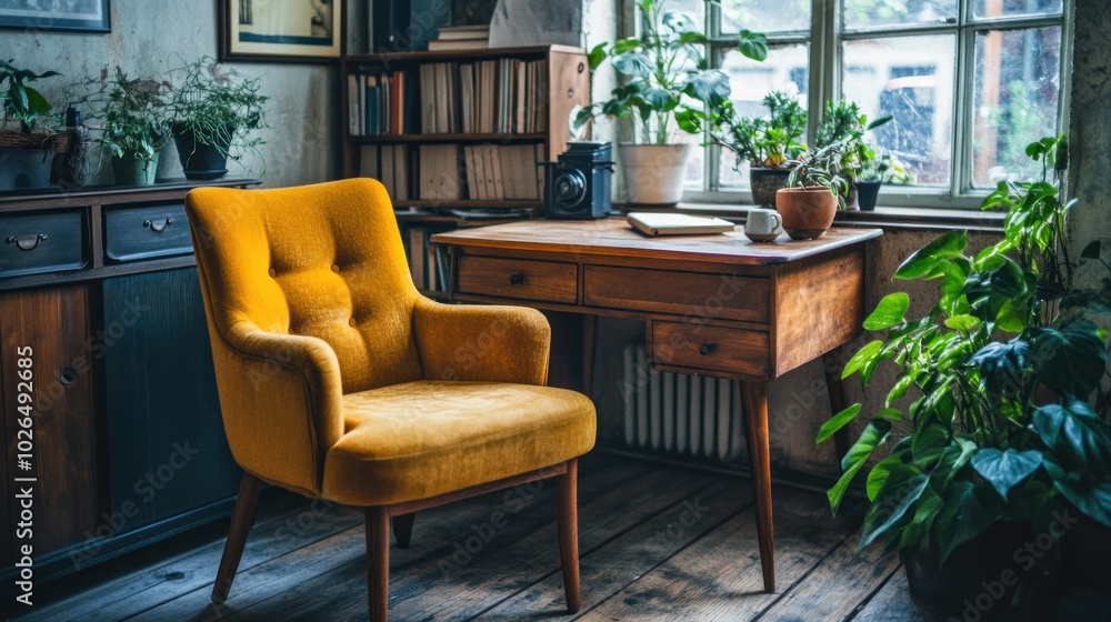 Wall mural Cozy workspace featuring a vintage desk, a yellow chair, and lush indoor plants.